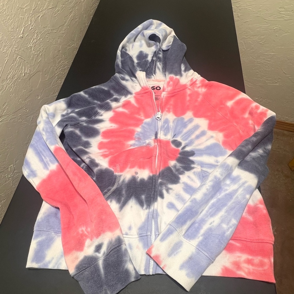SO Red/White/Blue Tie-Dye Full Zip-Up Hoodie Girls XL